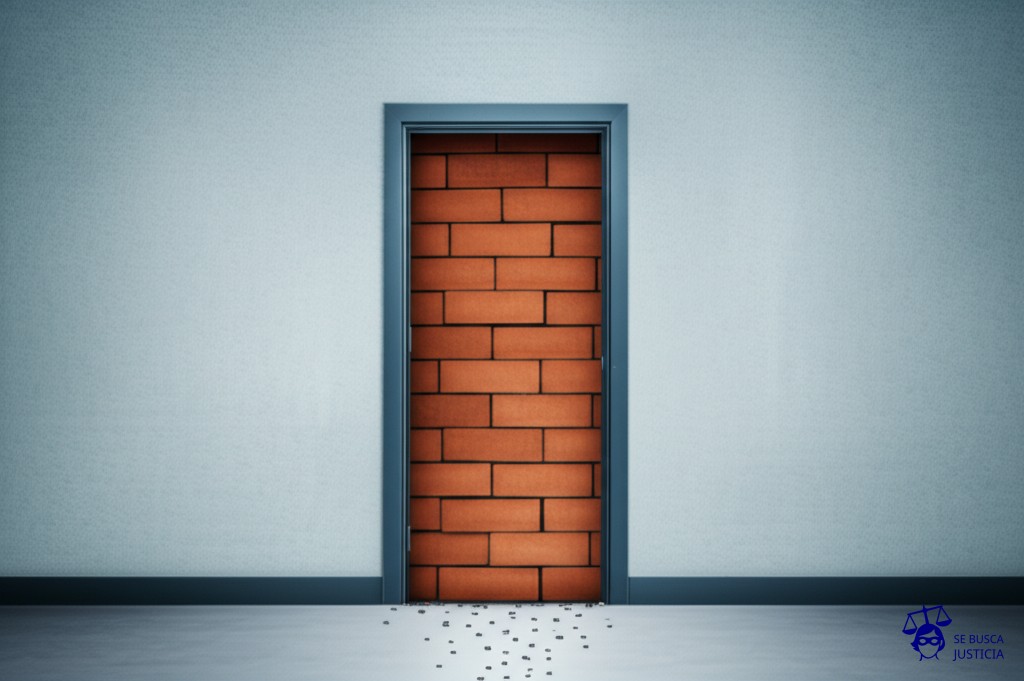 Un laberinto con puertas falsas y un único camino bloqueado por una pared de ladrillos. Representa: Falta de acceso a recursos administrativos