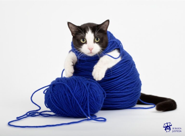 Un gato intentando desenredar un ovillo de lana gigante y enredado, con el gato visiblemente frustrado y perdiéndose en la maraña. Representa: Falta de capacitación del personal para atender reclamos complejos