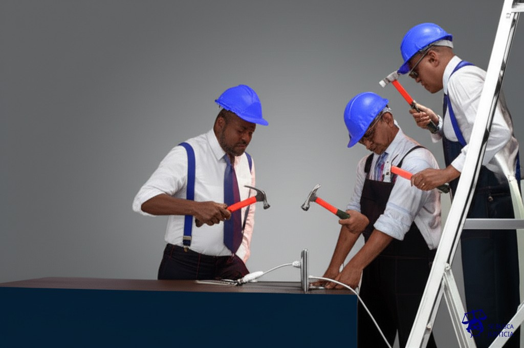 Un grupo de personas intentando atornillar un foco en un enchufe, usando martillos. Representa: Falta de capacitación obligatoria