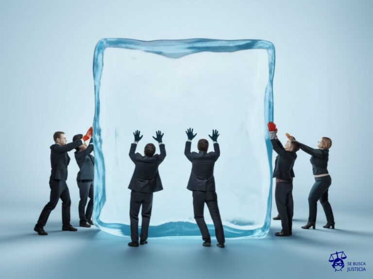 Un grupo de personas, cada una intentando empujar un gran bloque de hielo en direcciones completamente opuestas. Representa: Falta de cooperación interinstitucional