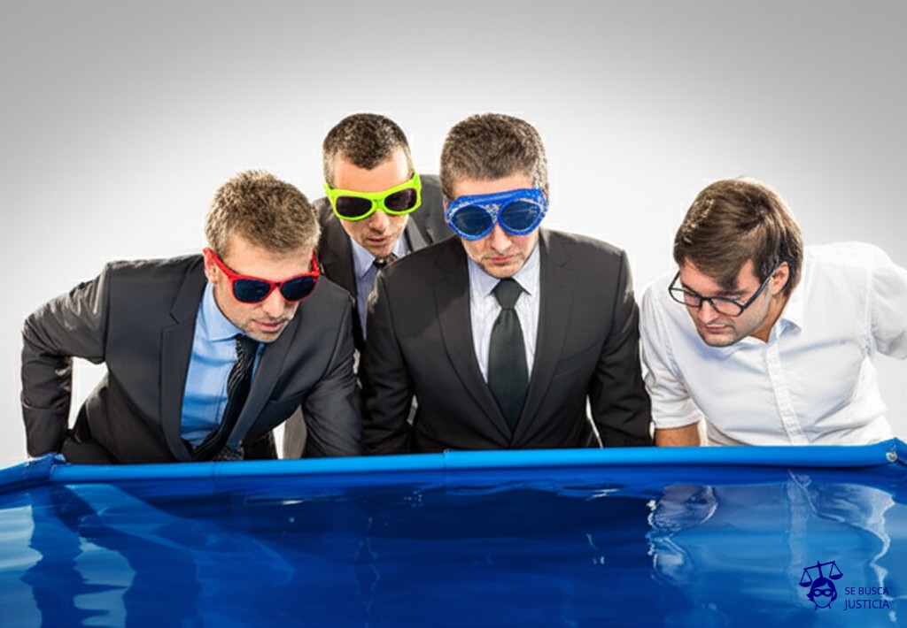 Un grupo de personas con diferentes tipos de gafas (gafas de sol, gafas de buceo, gafas de soldar, etc.) intentando mirar simultáneamente un gran charco turbio. Representa: Falta de criterios unificados para la evaluación de riesgos ambientales