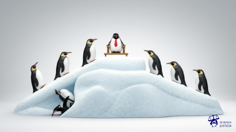 Un grupo de pingüinos, todos con trajes formales, intentan desesperadamente subir una rampa de hielo muy empinada. Algunos están resbalando y cayendo, otros luchan por avanzar, mientras que un solo pingüino, en la cima, disfruta de un cóctel en una tumbona, ignorando la situación. Representa: Falta de cumplimiento con normativas de inclusión financiera