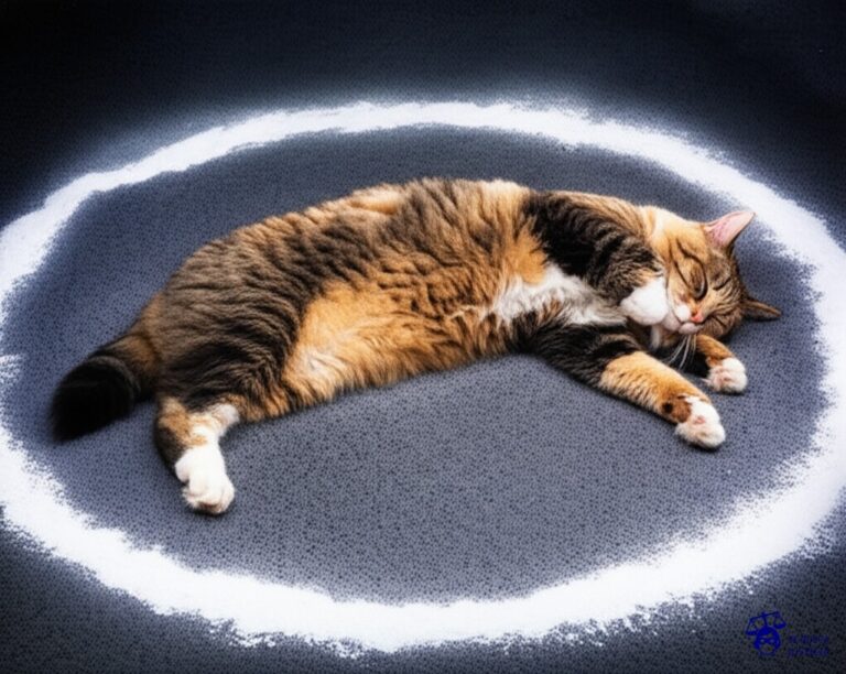 Un gato gordo, intentando dormir plácidamente en un círculo dibujado con tiza en el suelo, pero con sus patas y cola sobresaliendo claramente de los límites del círculo. Representa: Falta de delimitación legal de áreas protegidas