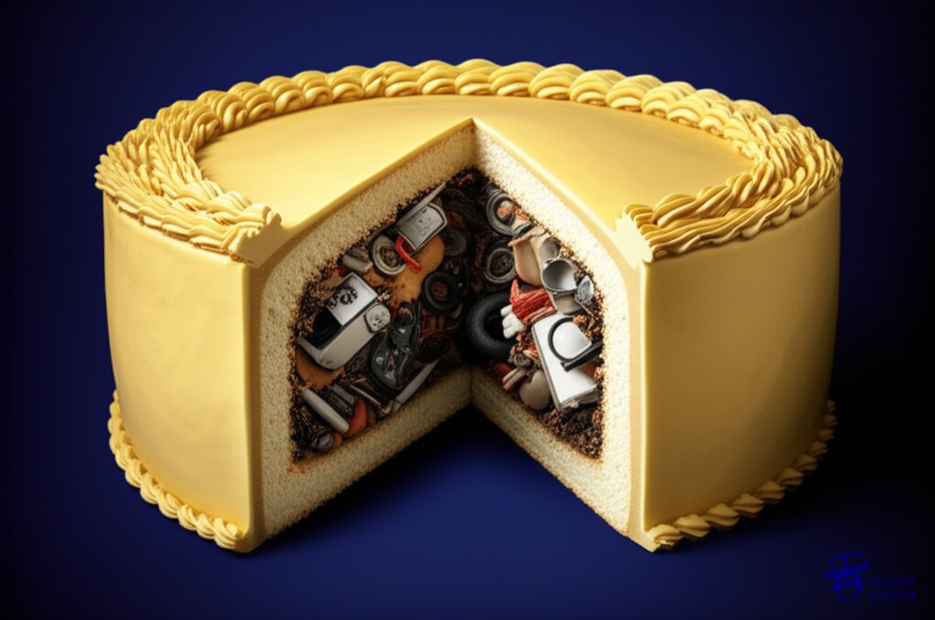 Un pastel gigante, exquisitamente decorado, con una capa superior impecable. En su interior, al cortarlo, se revela un relleno de basura heterogénea: neumáticos, electrodomésticos viejos, escombros. Representa: Falta de fiscalización en vertederos ilegales