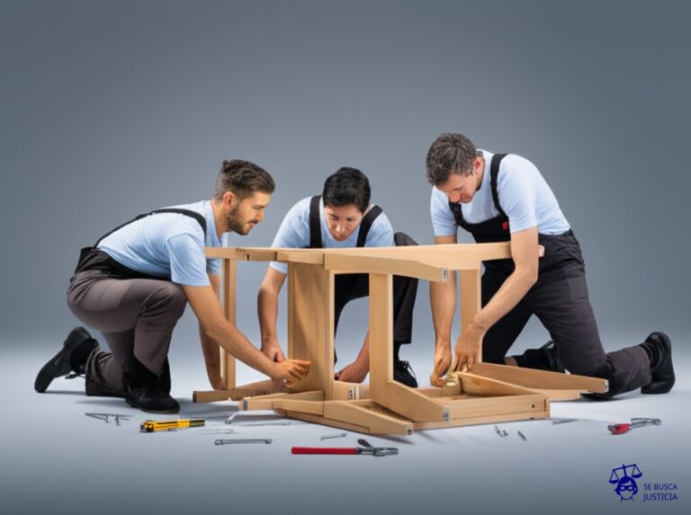 Un grupo de personas intentando armar un mueble de IKEA, con las instrucciones al revés y utilizando herramientas inapropiadas (ej: un martillo para atornillar). Representa: Falta de formación y capacitación en funcionarios públicos