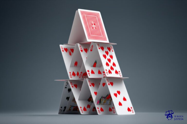 Un castillo de naipes a punto de derrumbarse, con una única carta (la carta de la suerte) apoyando precariamente la estructura. Representa: Falta de garantías en procedimientos de contratación pública