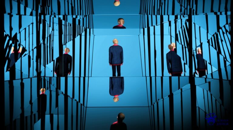 Un laberinto de espejos deformantes, donde cada reflejo muestra una versión diferente y confusa de la misma persona. Representa: Falta de información clara sobre seguros de vida obligatorios en préstamos