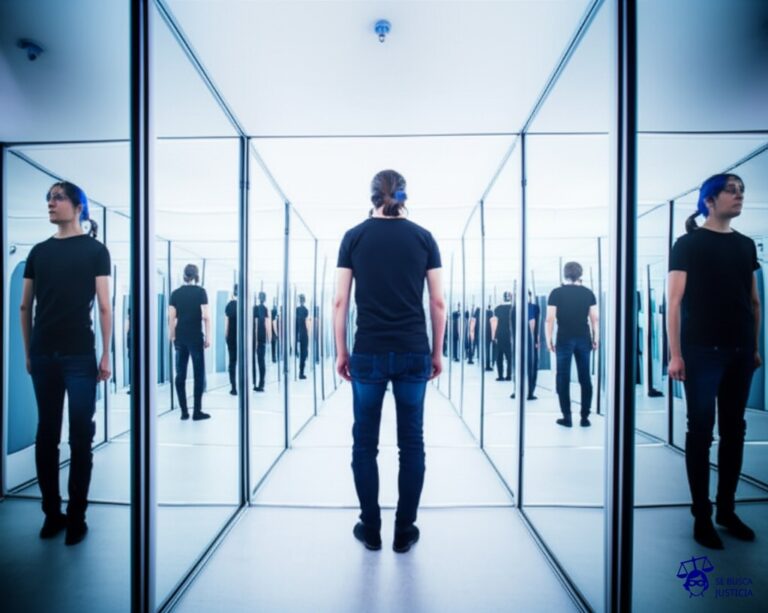 Un laberinto de espejos deformantes, con una persona intentando encontrar la salida, pero en cada reflejo solo ve una imagen borrosa e irreconocible de sí misma. Representa: Falta de información sobre los derechos del cliente en caso de fraude