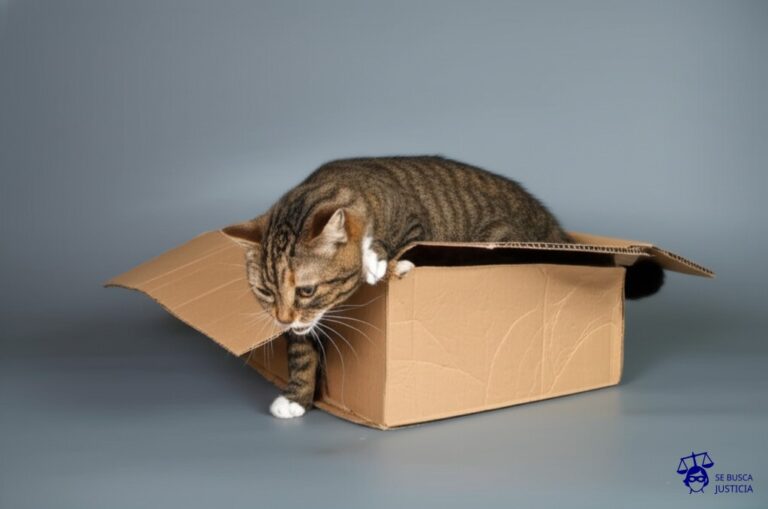 Un gato intentando meterse en una caja de cartón que es claramente demasiado pequeña para él, con la caja abollada y a punto de romperse. Representa: Falta de legitimación de la administración para dictar actos