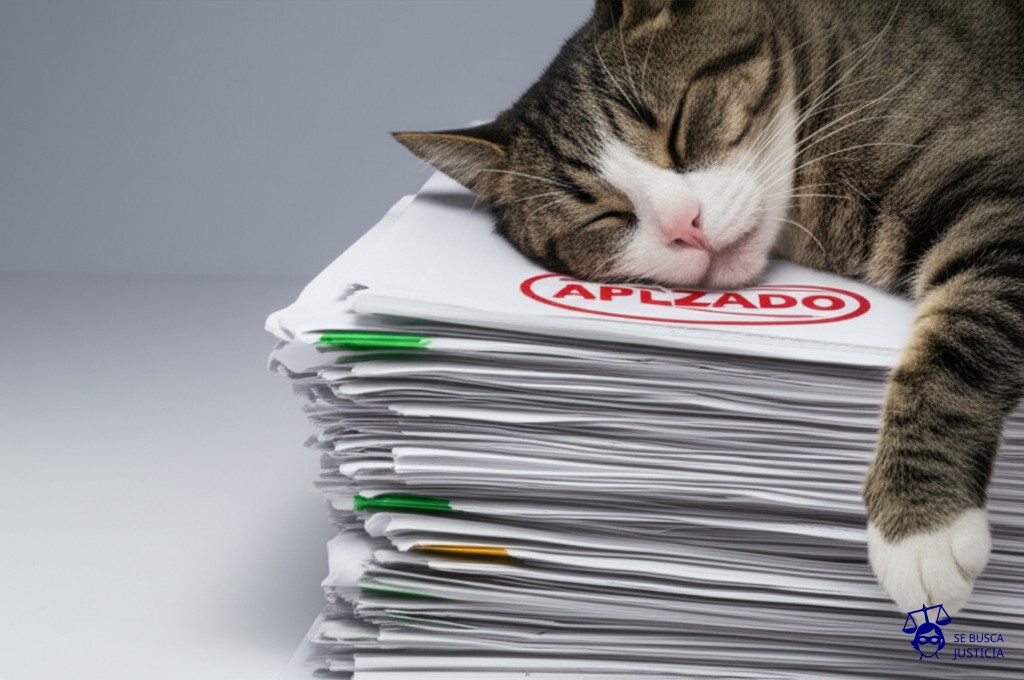 Una pila de documentos burocráticos, cada uno con un sello de goma que dice APLAZADO y, encima de todo, un gato gordo y perezoso durmiendo plácidamente. Representa: Falta de motivación en actos administrativos