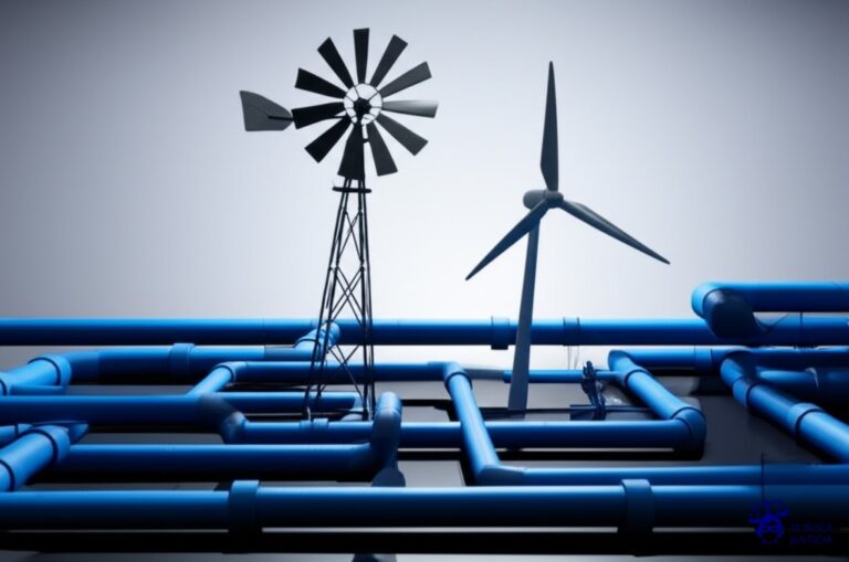 Un laberinto desordenado de tuberías y cables de diferentes tamaños y formas, interconectados de manera caótica, con un molino de viento torcido y tambaleante en el centro. Representa: Falta de normativas para energías renovables