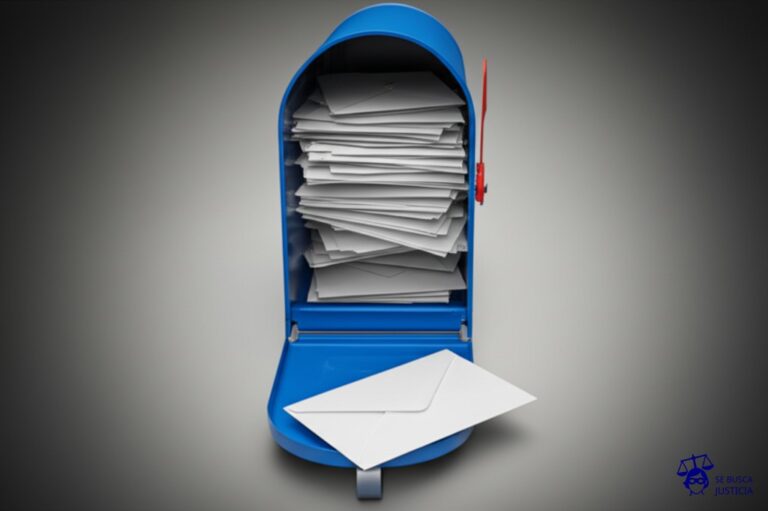 Un buzón de correo completamente lleno de cartas, desbordándose, con una única y diminuta carta en el suelo, apartada y visiblemente ignorada. Representa: Falta de notificación en actos administrativos