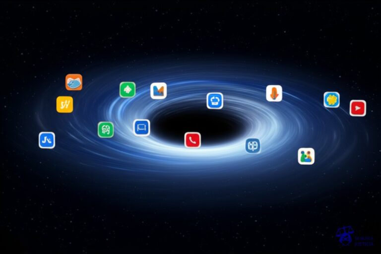 Un gran agujero negro tragando indiscriminadamente pequeños iconos de aplicaciones móviles. Representa: Falta de política de privacidad clara en aplicaciones móviles