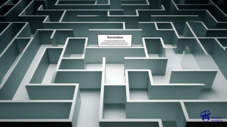 Un laberinto de paredes transparentes, sin salida visible, con un único cartel en la entrada que dice Normativas. Representa: Falta de publicación de normativas administrativas