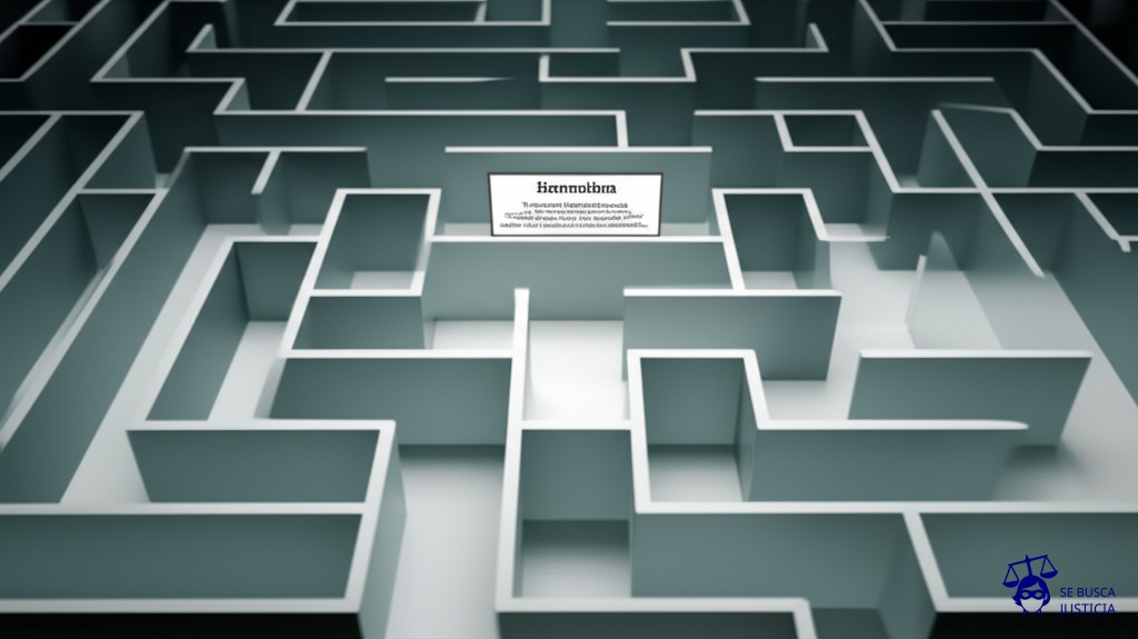 Un laberinto de paredes transparentes, sin salida visible, con un único cartel en la entrada que dice Normativas. Representa: Falta de publicación de normativas administrativas