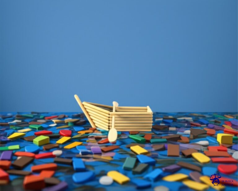 Un pequeño bote de remos hecho con palillos de dientes, intentando navegar en un océano de basura. Representa: Falta de recursos económicos y humanos en los organismos de control ambiental