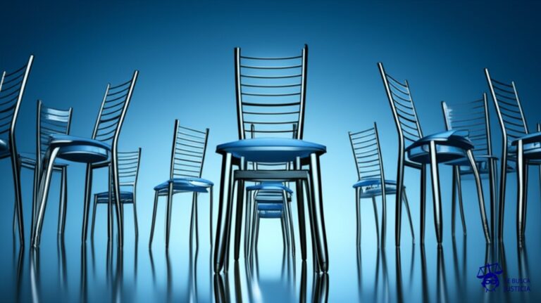 Un laberinto de espejos deformantes, con un diseño industrial (una silla simple) reflejándose en cada uno, pero cada reflejo es ligeramente diferente, absurdo y carente de coherencia. Representa: Falta de registro adecuado de diseños industriales en Argentina