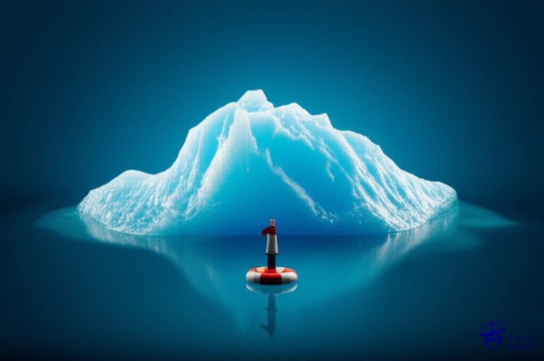 Un inmenso iceberg de plástico flotando en el mar, con una pequeña boya de advertencia medio sumergida y a punto de desaparecer. Representa: Falta de regulación en la producción de plásticos