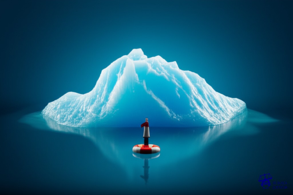 Un inmenso iceberg de plástico flotando en el mar, con una pequeña boya de advertencia medio sumergida y a punto de desaparecer. Representa: Falta de regulación en la producción de plásticos