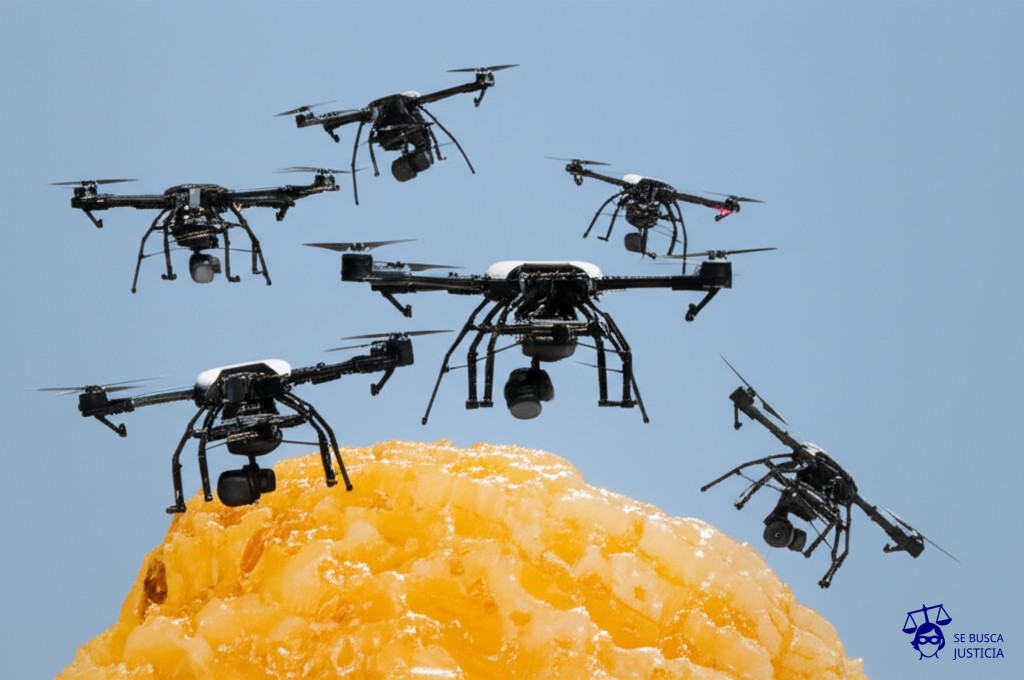 Un enjambre de abejas robóticas (drones) volando caóticamente alrededor de un panal de miel gigante (el medio ambiente), algunas chocando entre sí, otras cayendo al suelo y unas pocas intentando robar miel sin control. Representa: Falta de regulación sobre el uso de drones en monitoreo ambiental