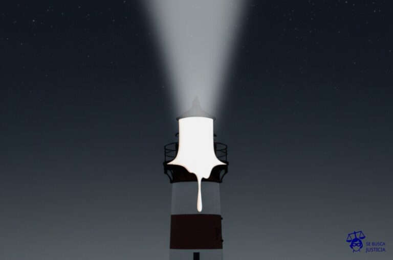 Un faro gigante, descontroladamente enfocado hacia el cielo nocturno, proyectando un haz de luz que atraviesa y mancha la oscuridad con forma de un gran helado derretido y goteando. Representa: Falta de regulación sobre la contaminación lumínica