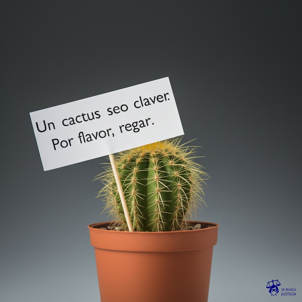 Un cactus seco, con un cartel clavado que dice Por favor, regar. Representa: Falta de respuesta a peticiones o solicitudes administrativas