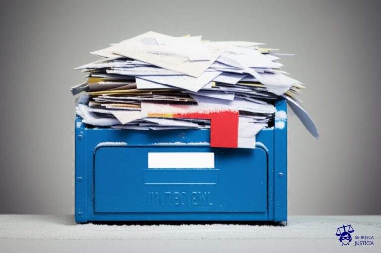 Un buzón de correo atascado hasta el tope, rebosando cartas y sobres, con una gruesa capa de polvo cubriéndolo. Representa: Falta de respuesta a reclamos de usuarios