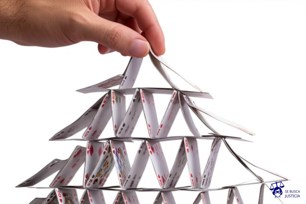 Un castillo de naipes a punto de derrumbarse, con una mano invisible (sin cuerpo visible) agregando más naipes a la estructura inestable. Representa: Falta de seguridad jurídica en la aplicación de normas administrativas