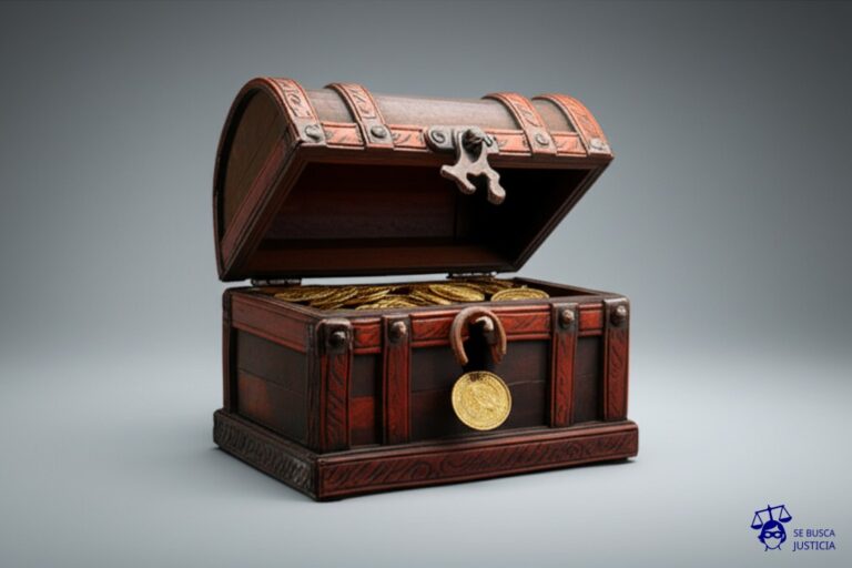 Un cofre del tesoro opaco, con el cerrojo oxidado y un agujero en la base, dejando caer monedas al vacío. Representa: Falta de transparencia en costos de productos bancarios