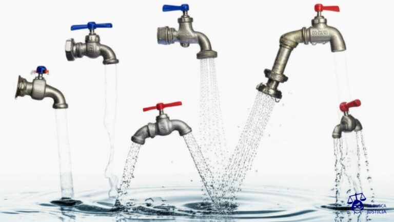 Un grupo de grifos goteando y chorreando agua descontroladamente, cada uno con un diseño y tamaño diferente, sin ninguna conexión entre ellos, apuntando en direcciones opuestas y sobre un mismo lavamanos que se desborda. Representa: Falta de unificación de criterios para el otorgamiento de permisos de uso del agua