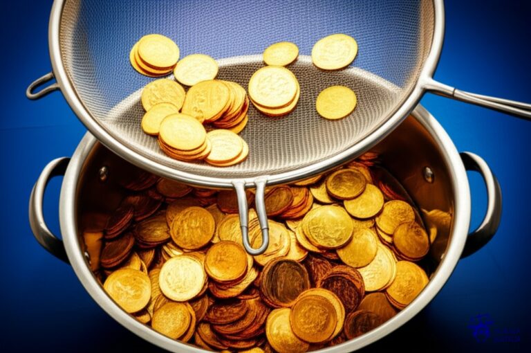 Un colador con agujeros desiguales, lleno de monedas de oro, con algunas monedas cayendo por los agujeros y otras atascadas. Representa: Filtración de algoritmos propietarios de trading