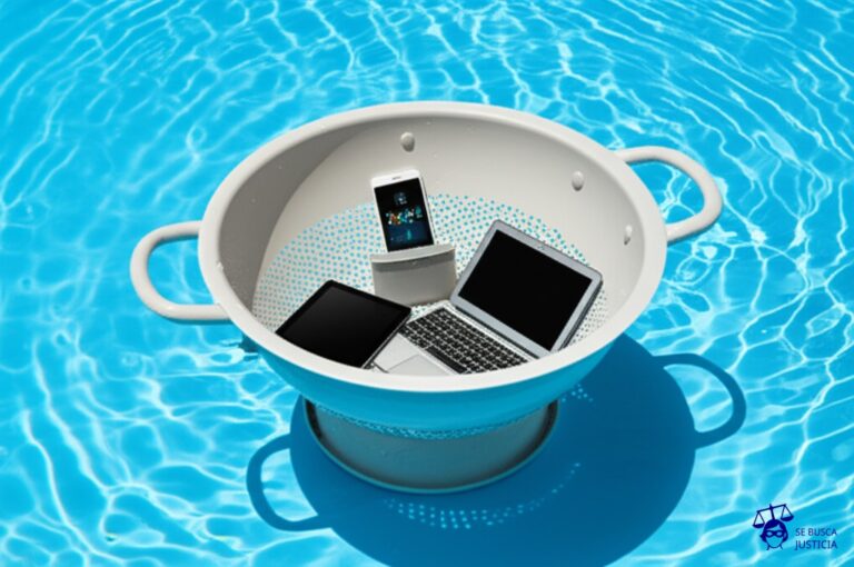 Un colador lleno de agujeros, colocado sobre una piscina. Dentro del colador, hay pequeños dispositivos electrónicos. El agua de la piscina se filtra rápidamente a través del colador y se escapa. Representa: Filtraciones por dispositivos IoT inseguros