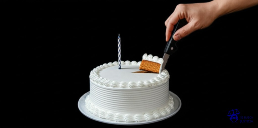 Un enorme pastel de cumpleaños, perfectamente decorado y listo para ser cortado, con una vela apagada y una mano invisible que retira una porción del pastel, dejando un hueco vacío y un cuchillo torcido. Representa: Final Copa Libertadores 2018: sanción injusta a Santos por alineación indebida que fue error administrativo de CONMEBOL