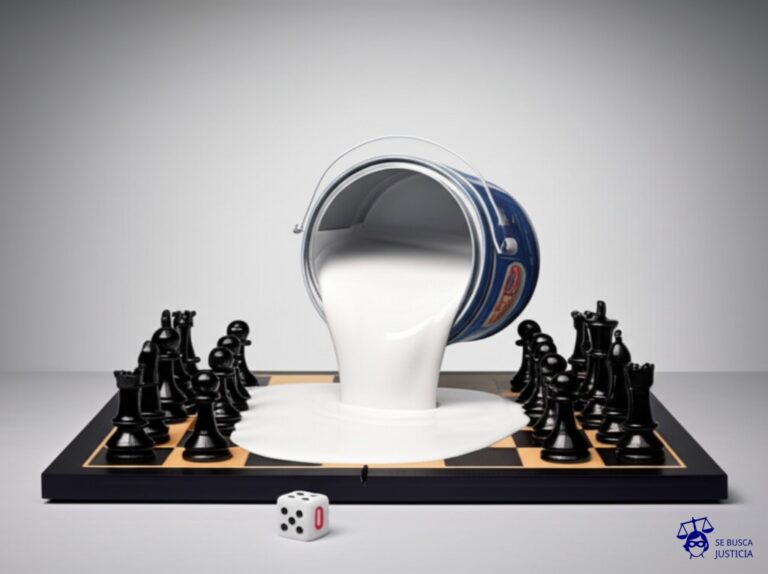 Un balde de pintura blanca (Bayern) volcando sobre un tablero de ajedrez (el campo), cubriendo y borrando las piezas negras (Leeds), mientras que un dado (el penal) está en el suelo mostrando solo un número. Representa: Final de la Champions 1975: Bayern ganó tras un penal no sancionado a favor del Leeds y goles anulados dudosos