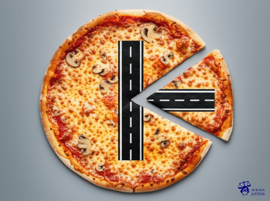 Una pizza cortada en rebanadas, con una gran carretera (dibujada como un corte negro y recto) atravesando el centro, separando las porciones. Representa: Fragmentación de ecosistemas por obras viales