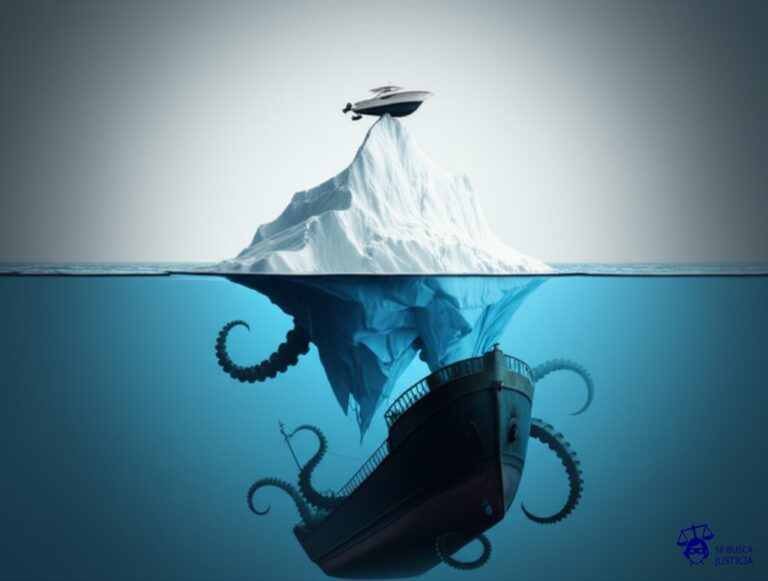 Un gran iceberg con una pequeña y elegante lancha motora encima, aparentemente lista para navegar. Debajo del agua, el iceberg se extiende masivamente con tentáculos que se aferran a un barco de carga hundido. Representa: Fraude bancario y estafa
