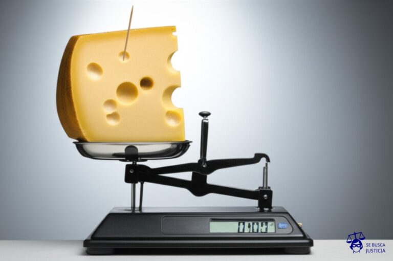 Un gran queso suizo con agujeros, sostenido precariamente por un palillo de dientes, a punto de caerse sobre una balanza que marca un peso significativamente mayor al real. Representa: Fraude en la emisión de facturas de crédito electrónicas