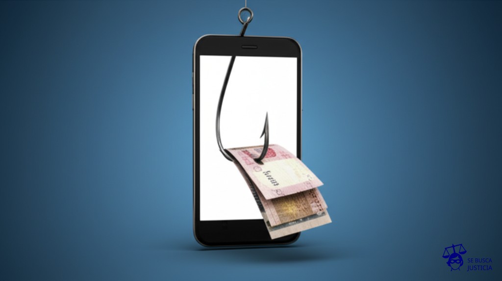 Un anzuelo de pesca gigante, hecho de billetes de banco, saliendo de una pantalla de teléfono. Representa: Fraudes en operaciones de home banking
