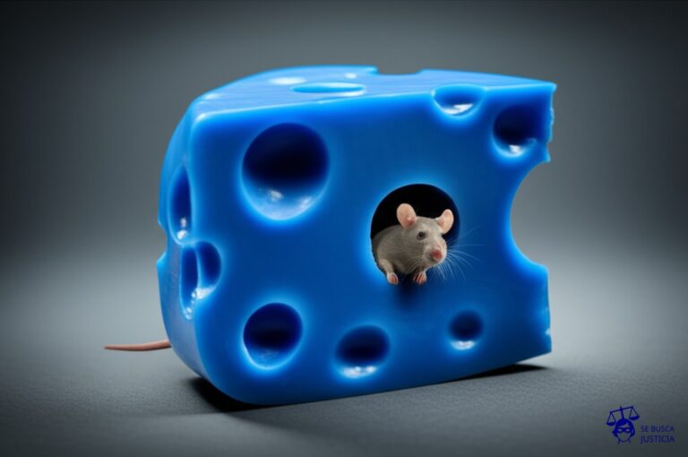 Un queso suizo con agujeros cada vez más grandes, y un ratón diminuto escapando por el agujero más grande. Representa: Fuga de diseños de productos antes de su lanzamiento oficial