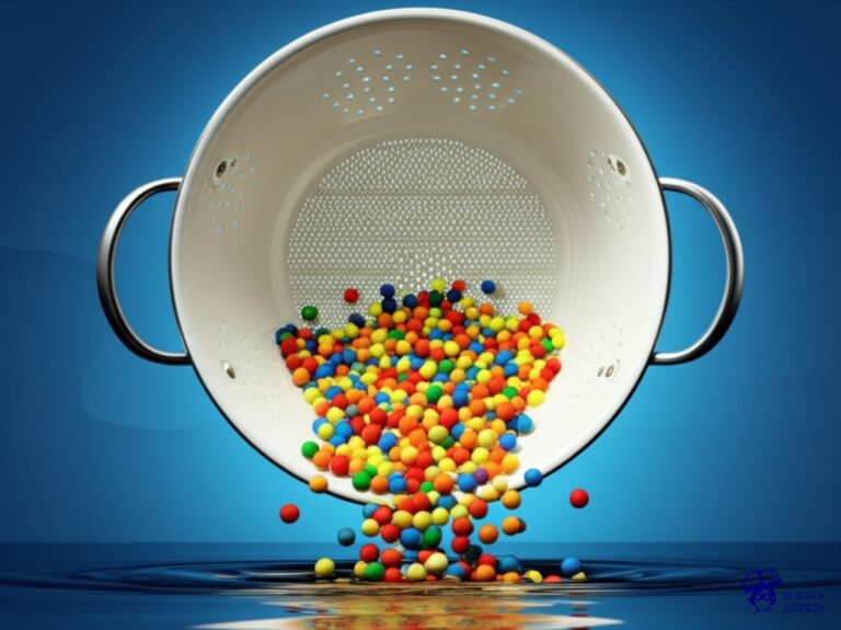 Un colador de pasta gigante, con agujeros muy grandes, intentando retener pequeñas bolitas (representando los secretos comerciales), pero dejándolas caer a un río. Representa: Fuga de secretos comerciales a través de la cadena de suministro