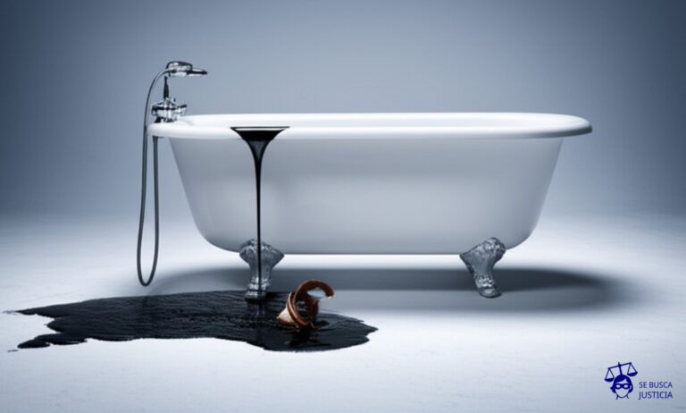Una bañera desbordándose, con el agua (hidrocarburos) fluyendo libremente por el suelo. El tapón de la bañera es visible, pero está oxidado y roto. Representa: Fugas de hidrocarburos sin control estatal