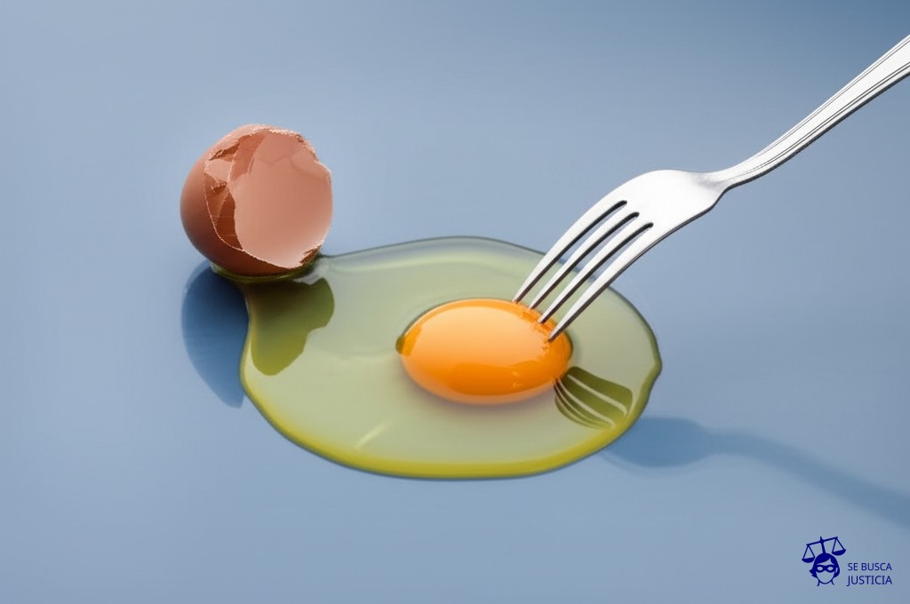 Un huevo estrellado en el suelo, con la cáscara intacta al lado y un tenedor intentando inútilmente recoger la yema. Representa: Garantía no respetada por el proveedor