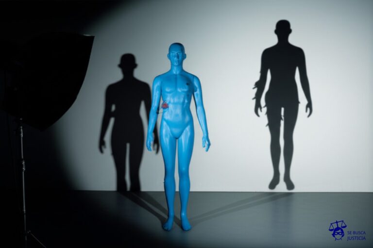 Un gran foco proyecta una sombra alargada y grotesca de un maniquí sobre una pared blanca. El maniquí, que originalmente era liso y sin rasgos, ahora tiene múltiples protuberancias y apéndices que sugieren una transformación antinatural. Representa: Genesis P-Orridge fue investigado por el contenido ocultista y sexualmente explícito de su arte