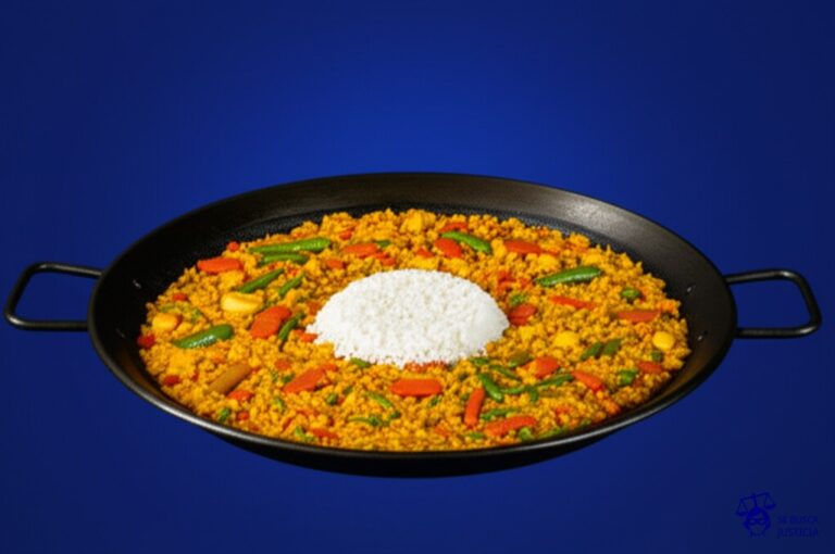 Un plato de paella con un ingrediente principal (el arroz) colocado deliberadamente fuera del plato, en la mesa. Representa: Gol de Messi en fuera de juego en el Clásico Barcelona vs Real Madrid (2017)