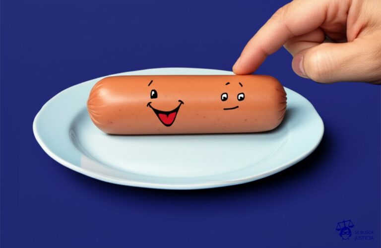 Un plato de comida (la portería) con una salchicha gigante (el delantero) colocada *delante* del plato, con una mano invisible (el árbitro) apuntando hacia el plato y sonriendo. Representa: Gol de Tévez en fuera de juego en el Mundial 2010 (Argentina vs México)