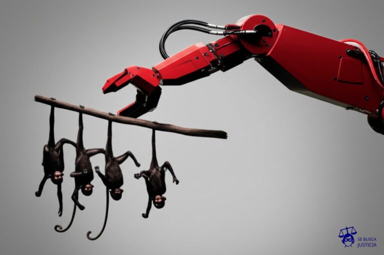 Un grupo de monos (simbolizando las Guerrilla Girls) colgados de una rama (un espacio público) es sacudido violentamente por un gran brazo robótico (representando las intervenciones feministas), haciéndolos caer al suelo. Representa: Guerrilla Girls fueron desalojadas de espacios públicos por intervenciones feministas no permitidas