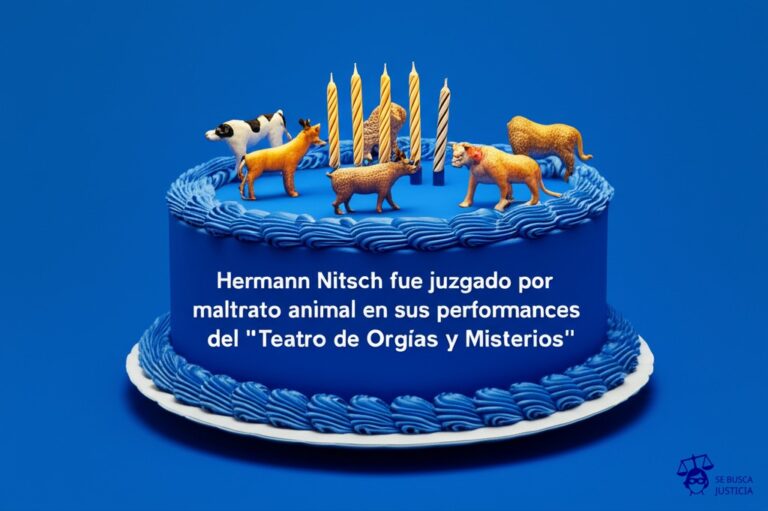 Un gran pastel de cumpleaños con velas, pero en lugar de adornos comestibles, está decorado con figuras de animales de juguete de plástico, todos torcidos o en poses extrañas, como si hubieran pasado por un mal rato. Representa: Hermann Nitsch fue juzgado por maltrato animal en sus performances del 'Teatro de Orgías y Misterios'