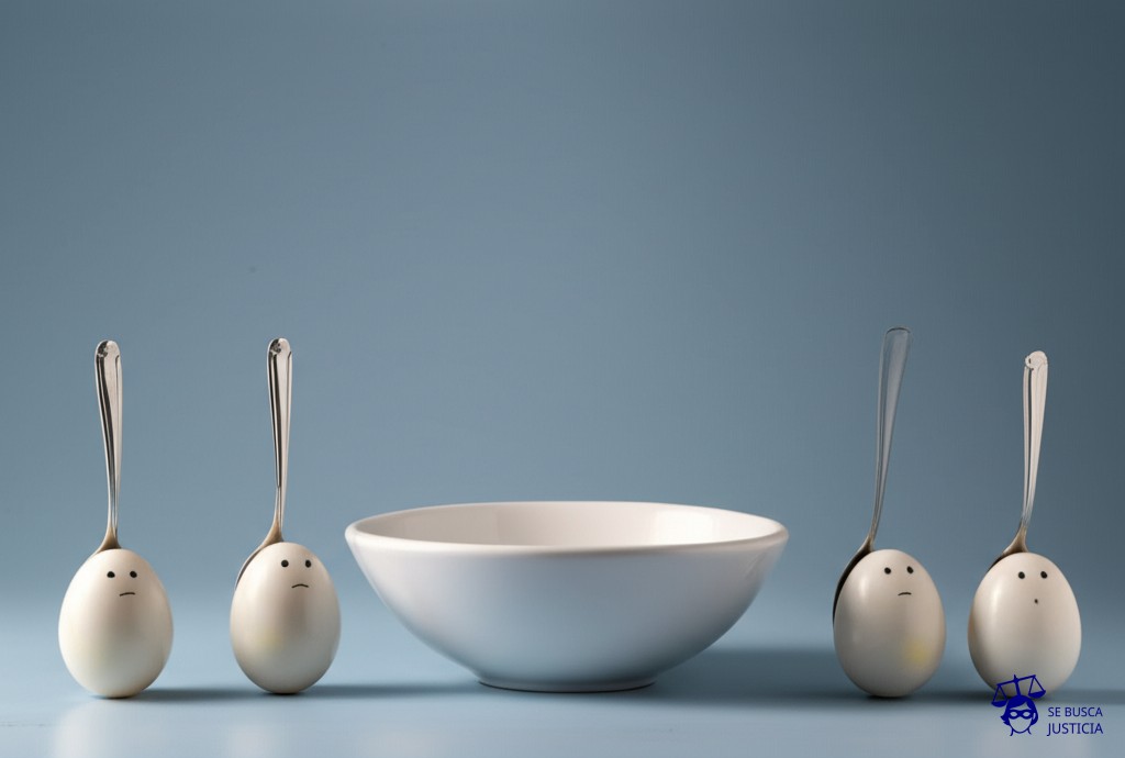 Una fila de huevos revueltos, cada uno con una pequeña cuchara, mirando fijamente un tazón vacío. Representa: Hijos de distinto padre no reconocidos en juicio de alimentos