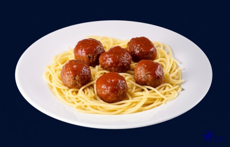 Un plato de espaguetis con albóndigas de diferentes tamaños, algunas más grandes y otras más pequeñas, todas separadas y sin salsa. Representa: Hijos de distinto padre no reconocidos en juicio de alimentos