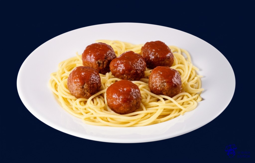 Un plato de espaguetis con albóndigas de diferentes tamaños, algunas más grandes y otras más pequeñas, todas separadas y sin salsa. Representa: Hijos de distinto padre no reconocidos en juicio de alimentos